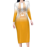 Philippines Barong Style Family Matching Long Sleeve Bodycon Dress and Hawaiian Shirt with Polynesian Art and Leaf Motif Yellow Color