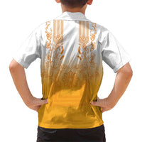 Philippines Barong Style Family Matching Off The Shoulder Long Sleeve Dress and Hawaiian Shirt with Polynesian Art and Leaf Motif Yellow Color