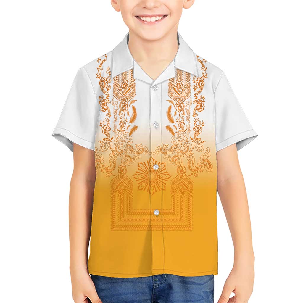 Philippines Barong Style Family Matching Off The Shoulder Long Sleeve Dress and Hawaiian Shirt with Polynesian Art and Leaf Motif Yellow Color