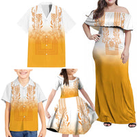 Philippines Barong Style Family Matching Off Shoulder Maxi Dress and Hawaiian Shirt with Polynesian Art and Leaf Motif Yellow Color