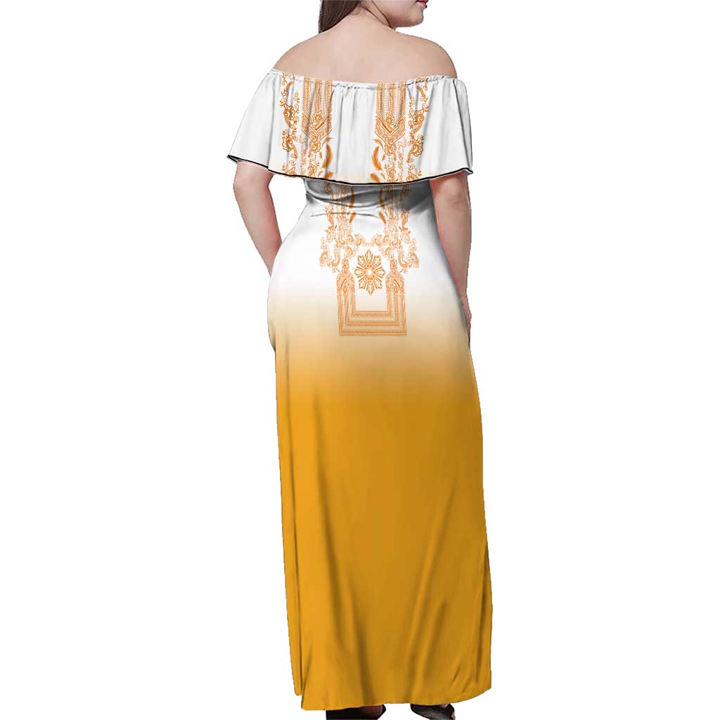 Philippines Barong Style Family Matching Off Shoulder Maxi Dress and Hawaiian Shirt with Polynesian Art and Leaf Motif Yellow Color