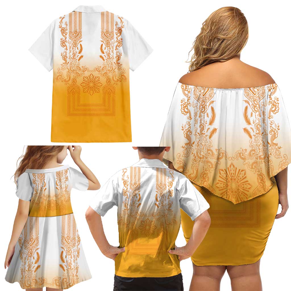 Philippines Barong Style Family Matching Off Shoulder Short Dress and Hawaiian Shirt with Polynesian Art and Leaf Motif Yellow Color
