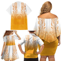Philippines Barong Style Family Matching Off Shoulder Short Dress and Hawaiian Shirt with Polynesian Art and Leaf Motif Yellow Color