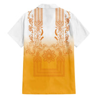Philippines Barong Style Family Matching Off Shoulder Short Dress and Hawaiian Shirt with Polynesian Art and Leaf Motif Yellow Color