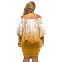 Philippines Barong Style Family Matching Off Shoulder Short Dress and Hawaiian Shirt with Polynesian Art and Leaf Motif Yellow Color