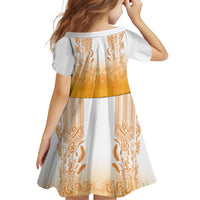Philippines Barong Style Family Matching Short Sleeve Bodycon Dress and Hawaiian Shirt with Polynesian Art and Leaf Motif Yellow Color