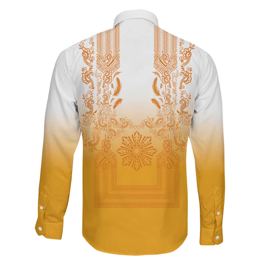 Philippines Barong Style Family Matching Short Sleeve Bodycon Dress and Hawaiian Shirt with Polynesian Art and Leaf Motif Yellow Color