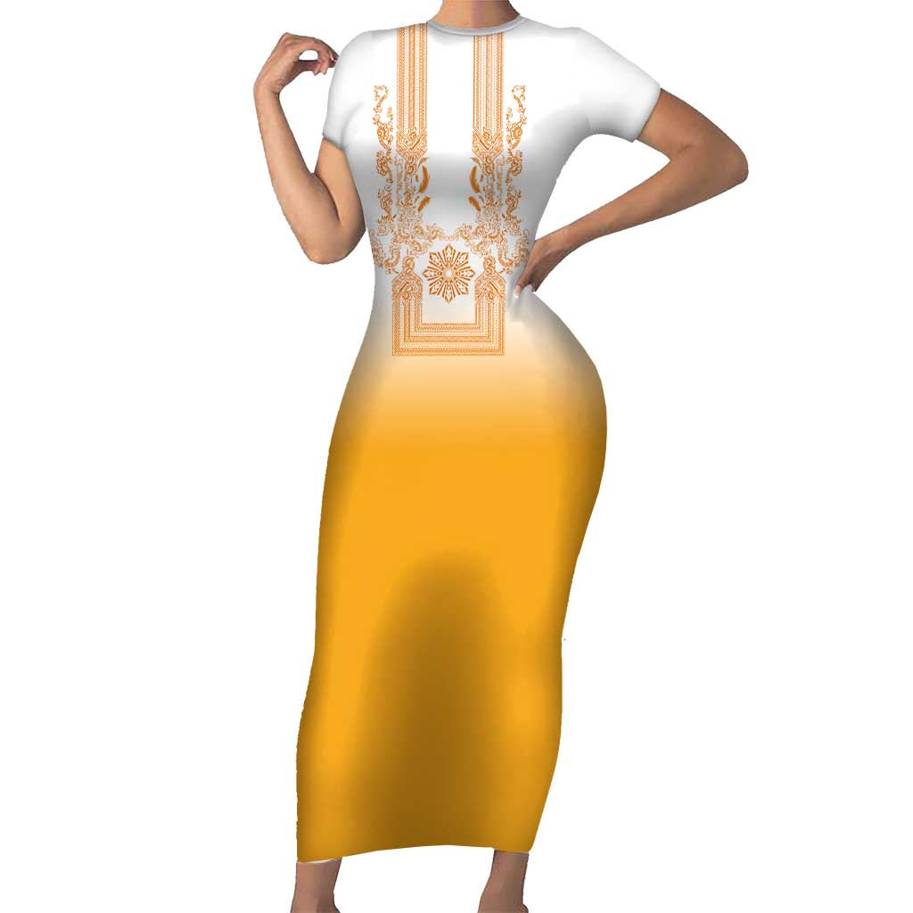 Philippines Barong Style Family Matching Short Sleeve Bodycon Dress and Hawaiian Shirt with Polynesian Art and Leaf Motif Yellow Color