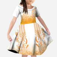 Philippines Barong Style Family Matching Summer Maxi Dress and Hawaiian Shirt with Polynesian Art and Leaf Motif Yellow Color