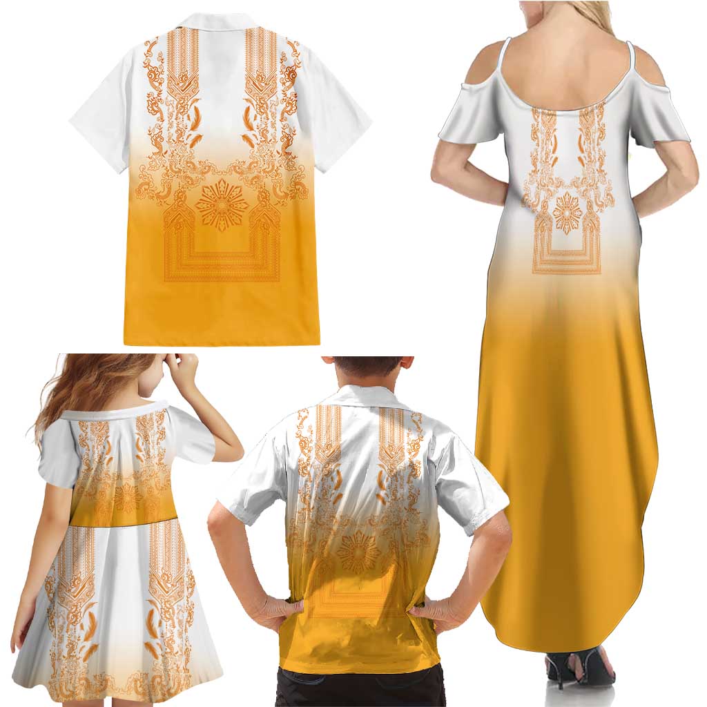 Philippines Barong Style Family Matching Summer Maxi Dress and Hawaiian Shirt with Polynesian Art and Leaf Motif Yellow Color