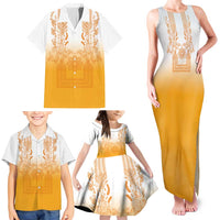 Philippines Barong Style Family Matching Tank Maxi Dress and Hawaiian Shirt with Polynesian Art and Leaf Motif Yellow Color