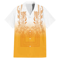 Philippines Barong Style Family Matching Tank Maxi Dress and Hawaiian Shirt with Polynesian Art and Leaf Motif Yellow Color
