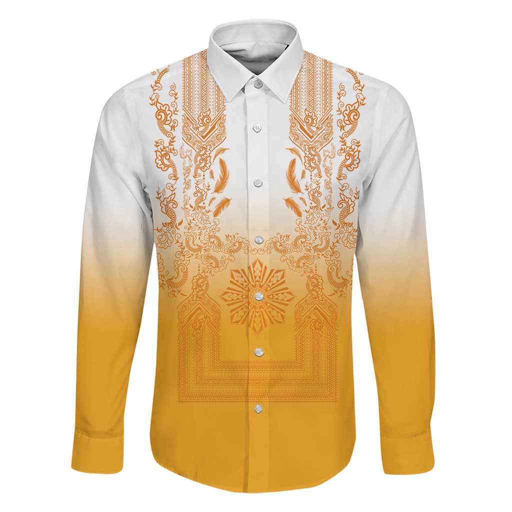 Philippines Barong Style Family Matching Tank Maxi Dress and Hawaiian Shirt with Polynesian Art and Leaf Motif Yellow Color