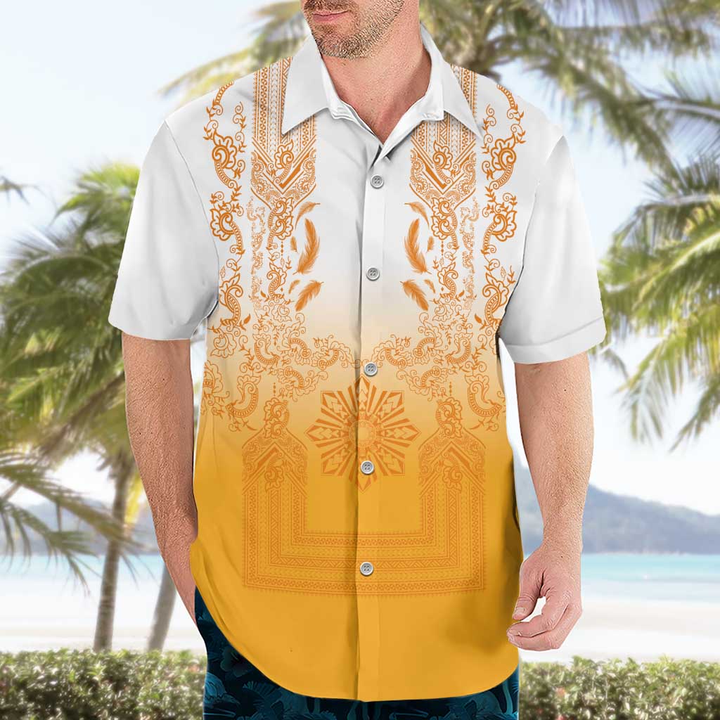 Philippines Barong Style Hawaiian Shirt with Polynesian Art and Leaf Motif Yellow Color LT03 - Polynesian Pride