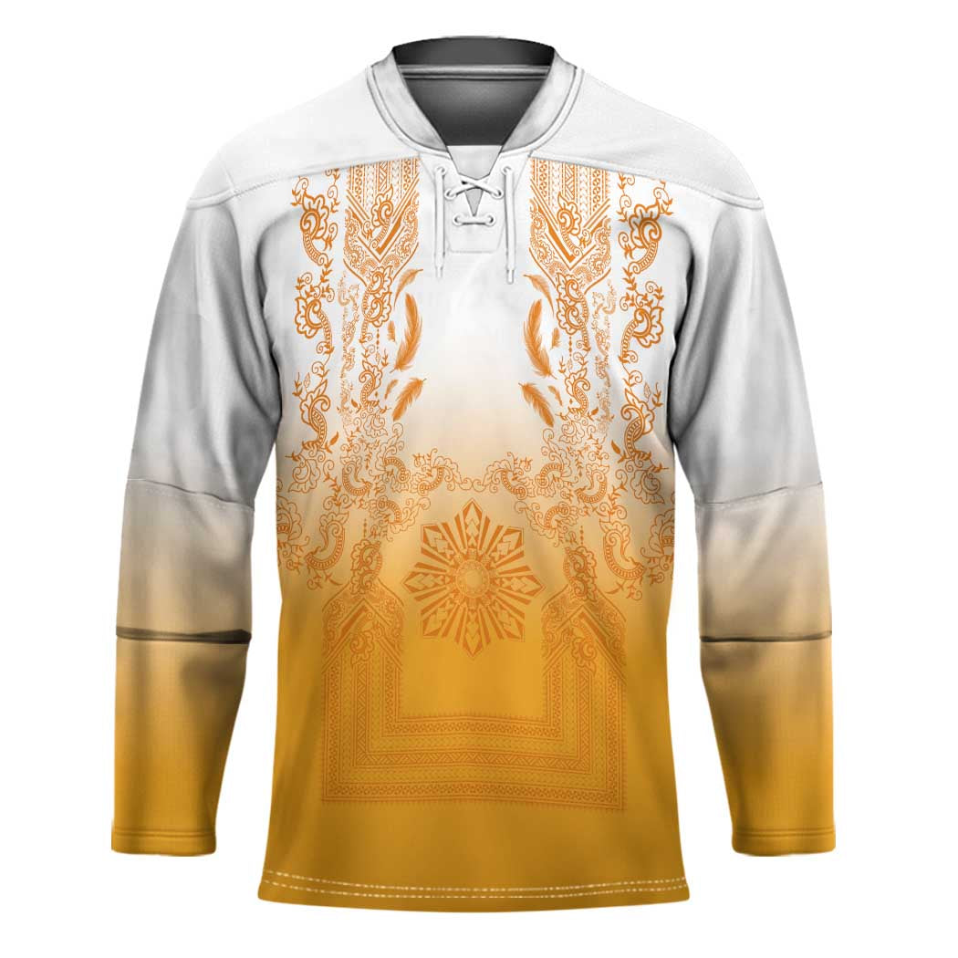 Philippines Barong Style Hockey Jersey with Polynesian Art and Leaf Motif Yellow Color LT03 Unisex Yellow - Polynesian Pride