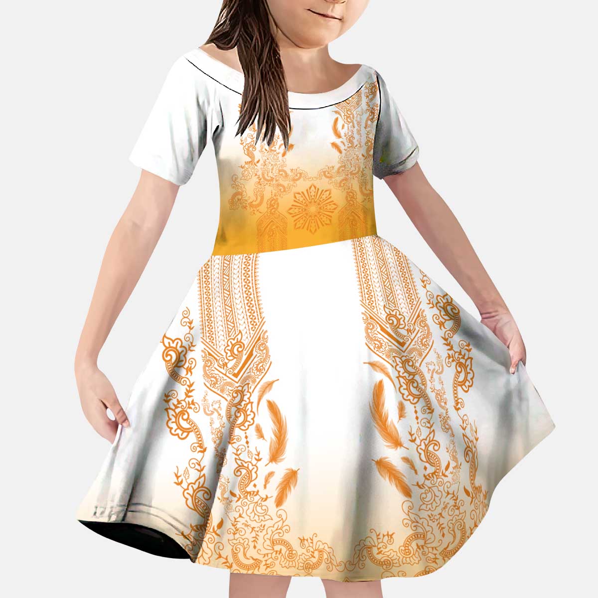 Philippines Barong Style Kid Short Sleeve Dress with Polynesian Art and Leaf Motif Yellow Color LT03 KID Yellow - Polynesian Pride