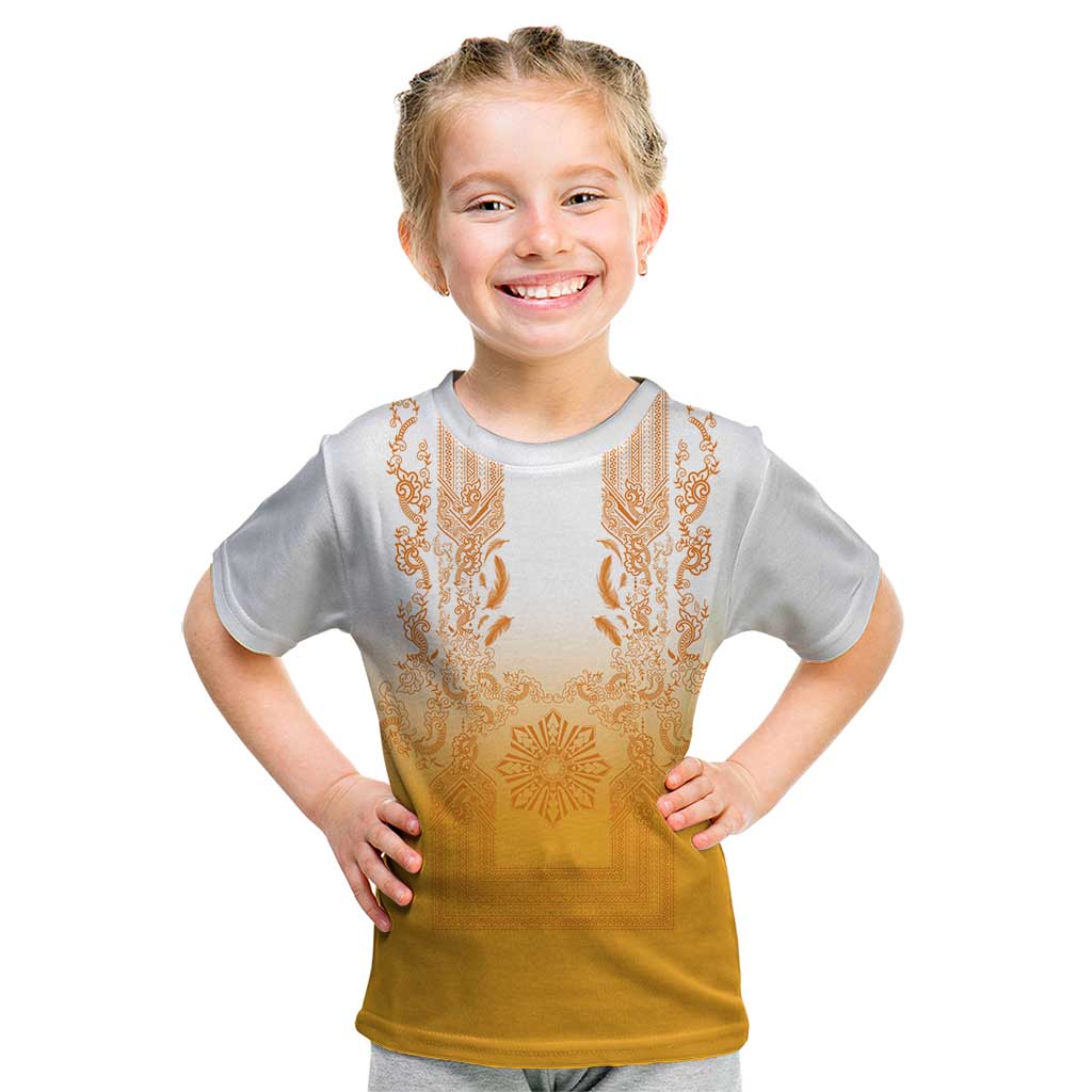 Philippines Barong Style Kid T Shirt with Polynesian Art and Leaf Motif Yellow Color LT03 Yellow - Polynesian Pride