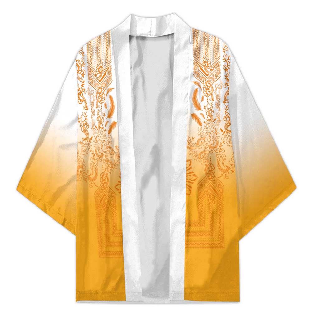 Philippines Barong Style Kimono with Polynesian Art and Leaf Motif Yellow Color