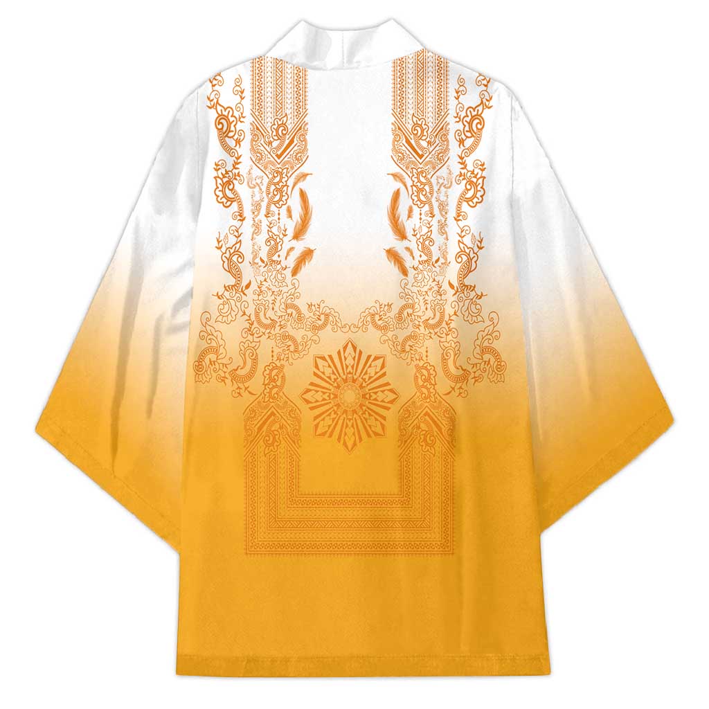 Philippines Barong Style Kimono with Polynesian Art and Leaf Motif Yellow Color