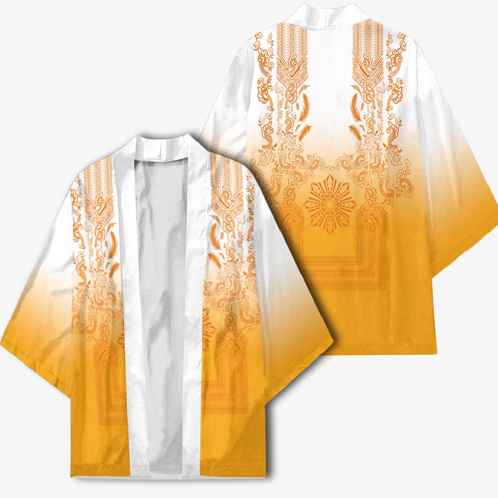 Philippines Barong Style Kimono with Polynesian Art and Leaf Motif Yellow Color