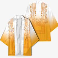 Philippines Barong Style Kimono with Polynesian Art and Leaf Motif Yellow Color