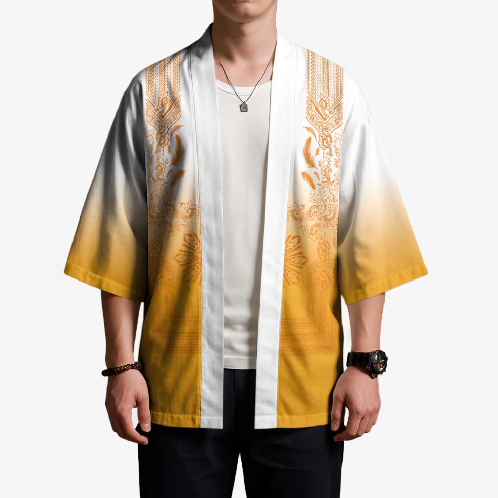 Philippines Barong Style Kimono with Polynesian Art and Leaf Motif Yellow Color