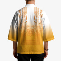 Philippines Barong Style Kimono with Polynesian Art and Leaf Motif Yellow Color