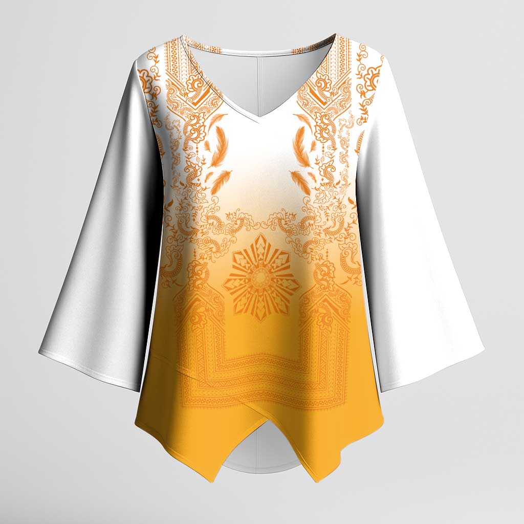 Philippines Barong Style Kimono Sleeve Blouse with Polynesian Art and Leaf Motif Yellow Color LT03 Female Yellow - Polynesian Pride