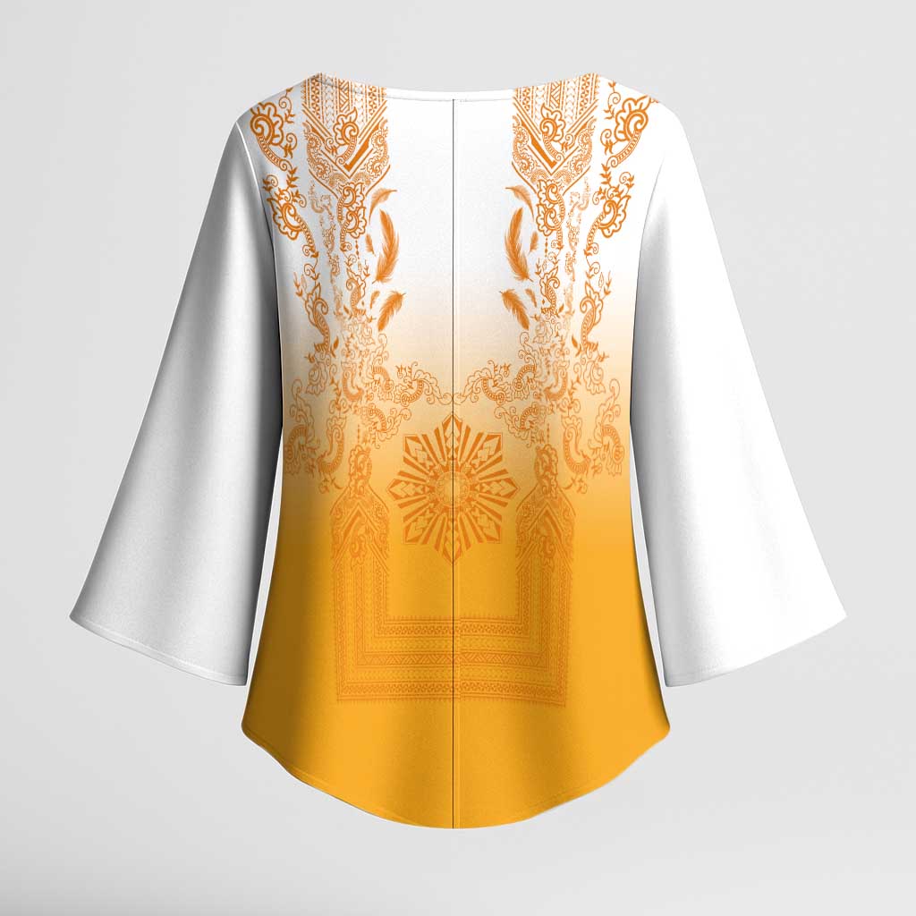 Philippines Barong Style Kimono Sleeve Blouse with Polynesian Art and Leaf Motif Yellow Color LT03 - Polynesian Pride
