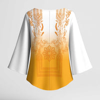 Philippines Barong Style Kimono Sleeve Blouse with Polynesian Art and Leaf Motif Yellow Color LT03 - Polynesian Pride