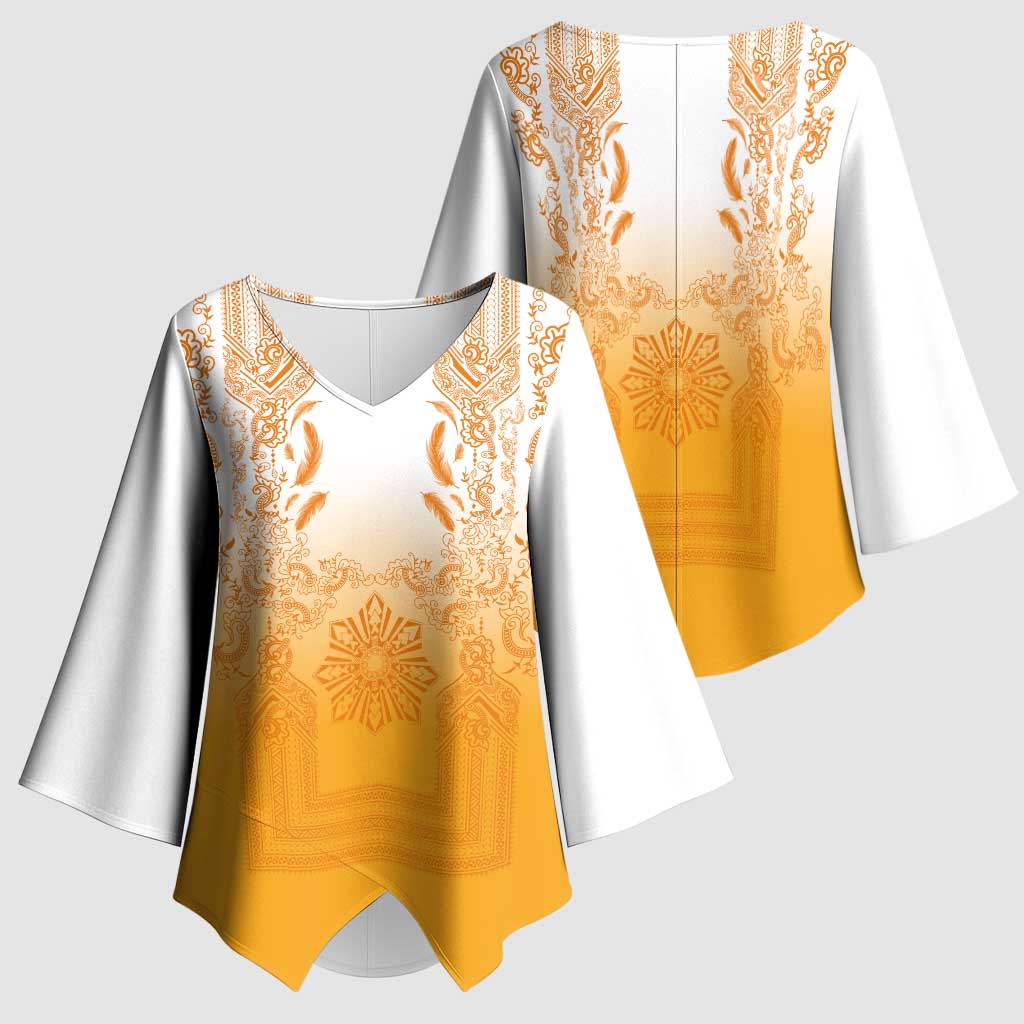 Philippines Barong Style Kimono Sleeve Blouse with Polynesian Art and Leaf Motif Yellow Color LT03 - Polynesian Pride