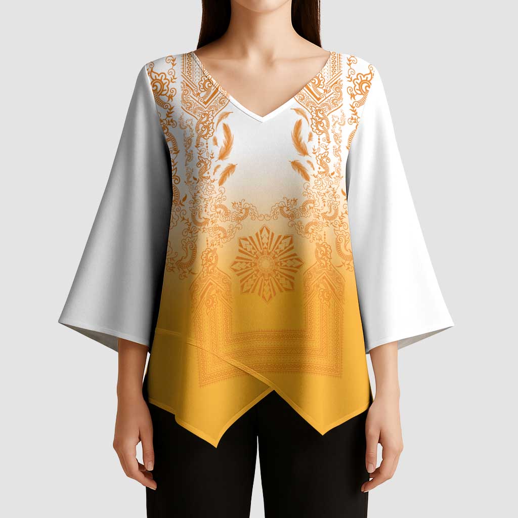 Philippines Barong Style Kimono Sleeve Blouse with Polynesian Art and Leaf Motif Yellow Color LT03 - Polynesian Pride