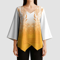 Philippines Barong Style Kimono Sleeve Blouse with Polynesian Art and Leaf Motif Yellow Color LT03 - Polynesian Pride