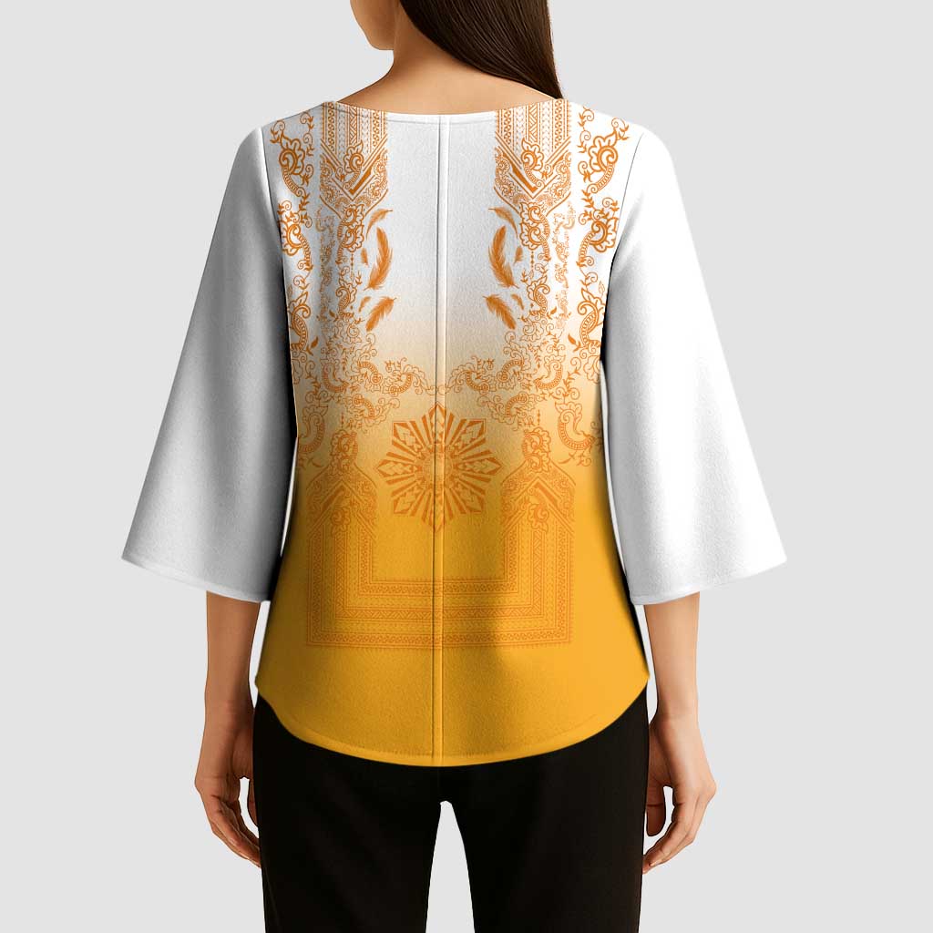 Philippines Barong Style Kimono Sleeve Blouse with Polynesian Art and Leaf Motif Yellow Color LT03 - Polynesian Pride