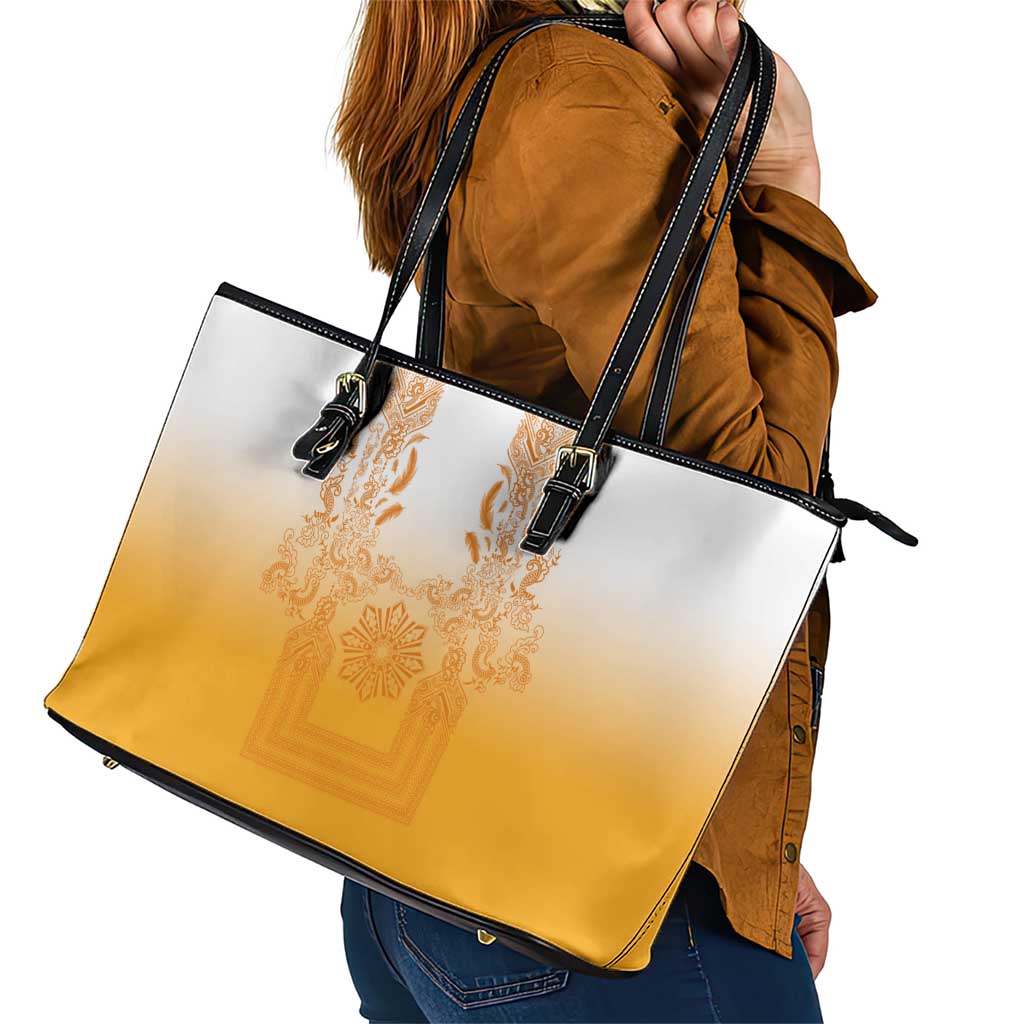 Philippines Barong Style Leather Tote Bag with Polynesian Art and Leaf Motif Yellow Color LT03 - Polynesian Pride