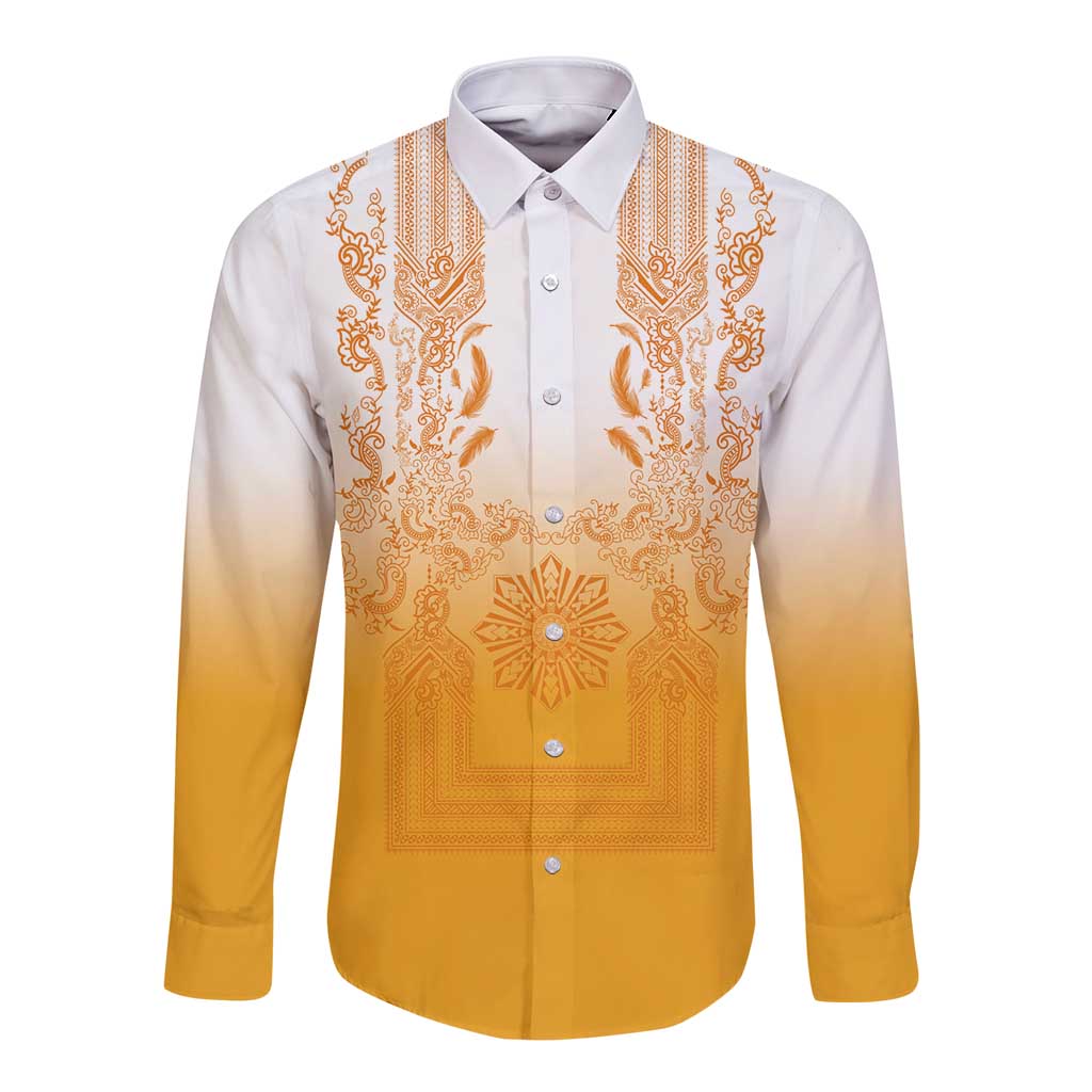 Philippines Barong Style Long Sleeve Button Shirt with Polynesian Art and Leaf Motif Yellow Color