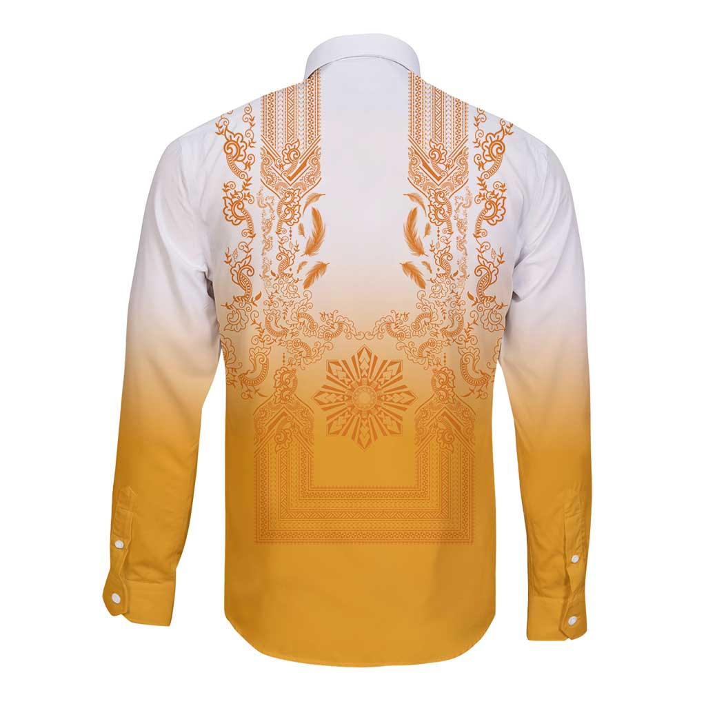 Philippines Barong Style Long Sleeve Button Shirt with Polynesian Art and Leaf Motif Yellow Color LT03 - Polynesian Pride