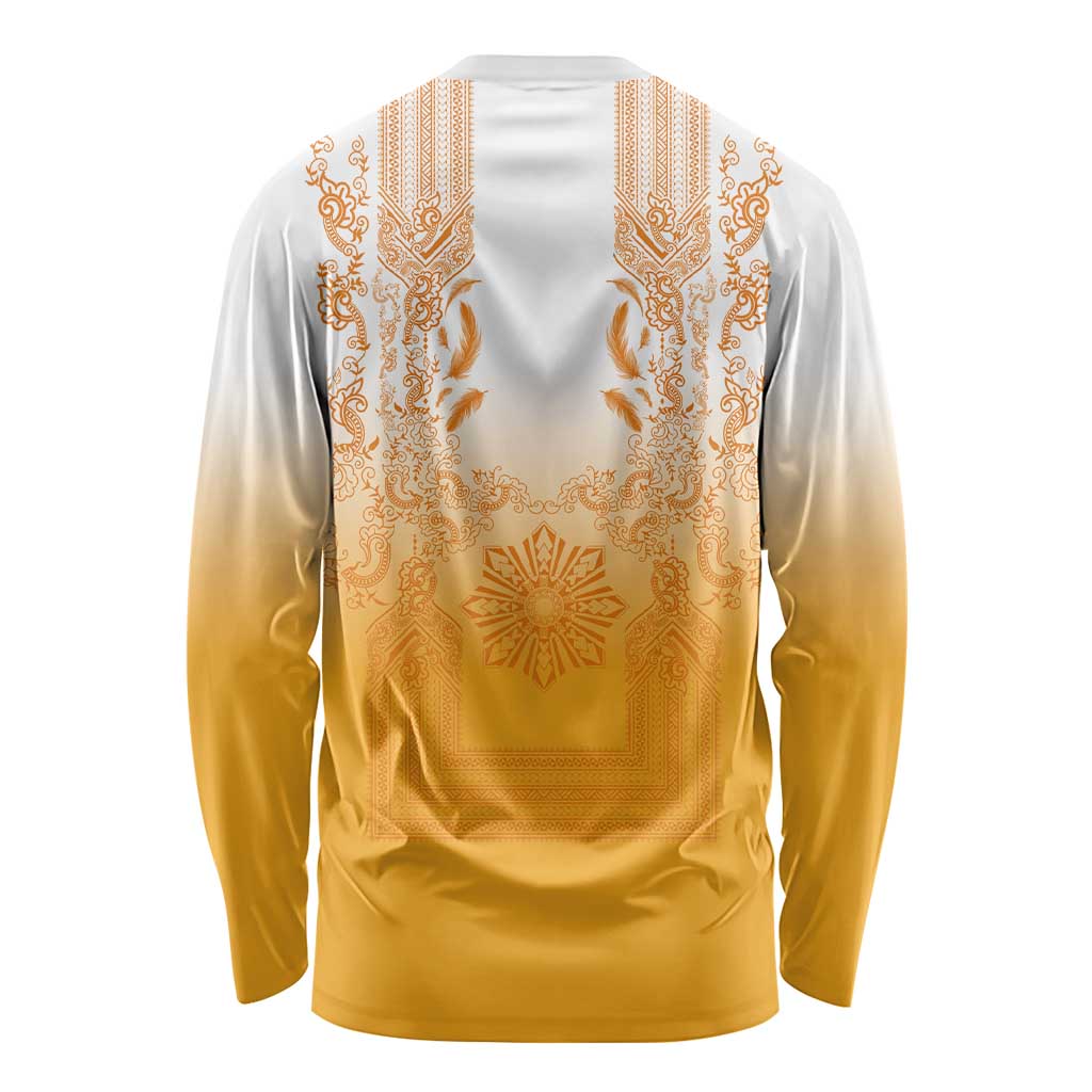 Philippines Barong Style Long Sleeve Shirt with Polynesian Art and Leaf Motif Yellow Color LT03 - Polynesian Pride