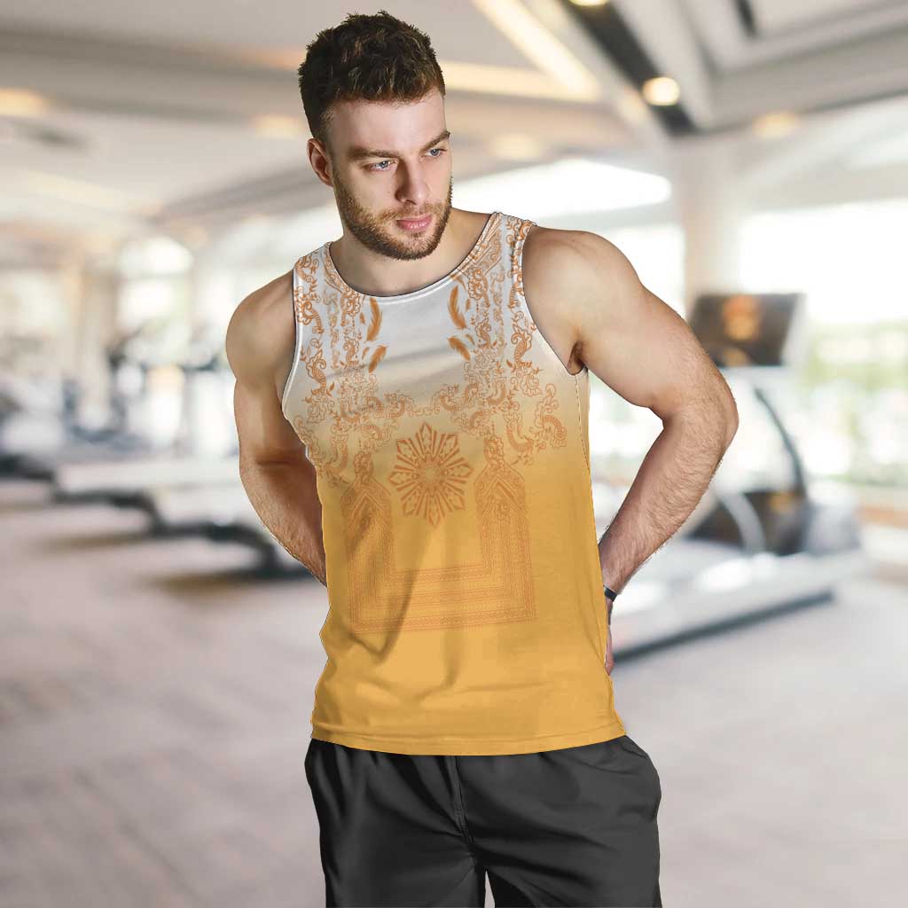 Philippines Barong Style Men Tank Top with Polynesian Art and Leaf Motif Yellow Color LT03 Yellow - Polynesian Pride