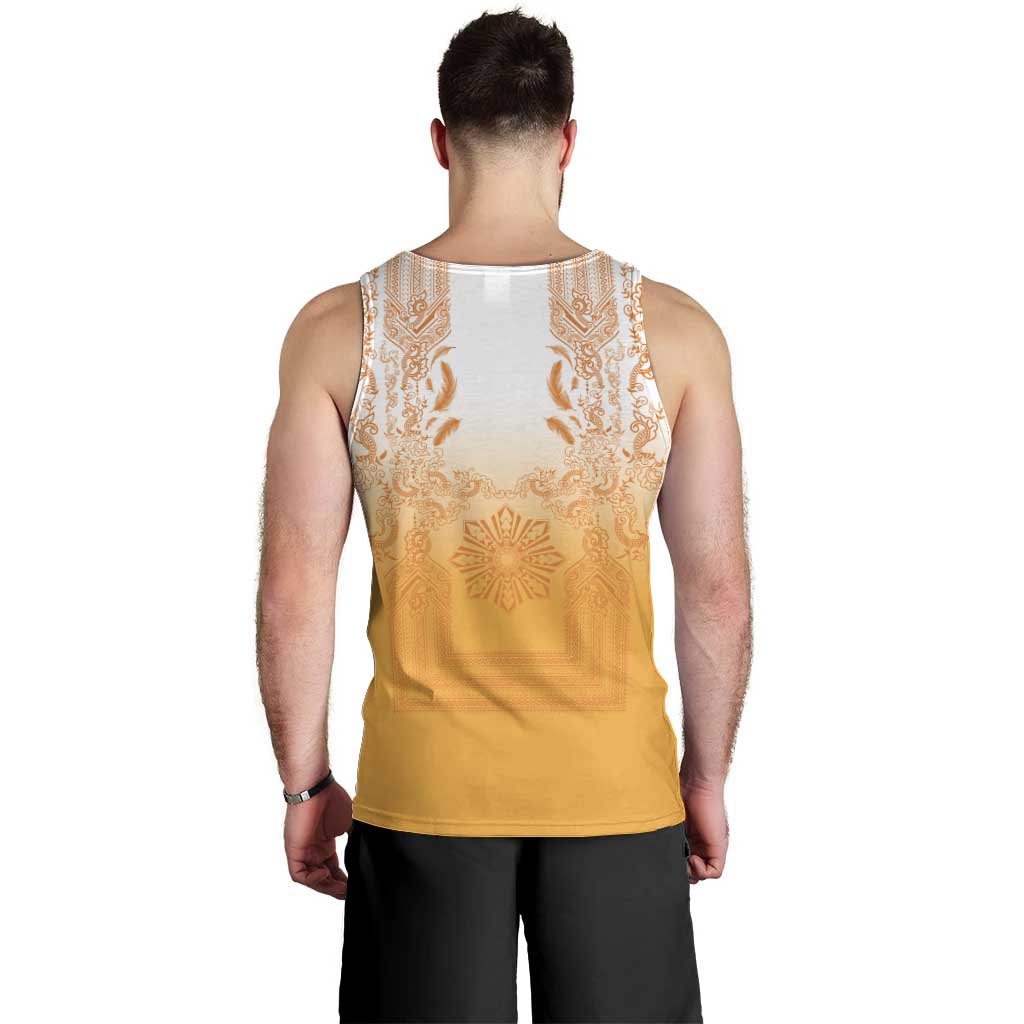 Philippines Barong Style Men Tank Top with Polynesian Art and Leaf Motif Yellow Color LT03 - Polynesian Pride