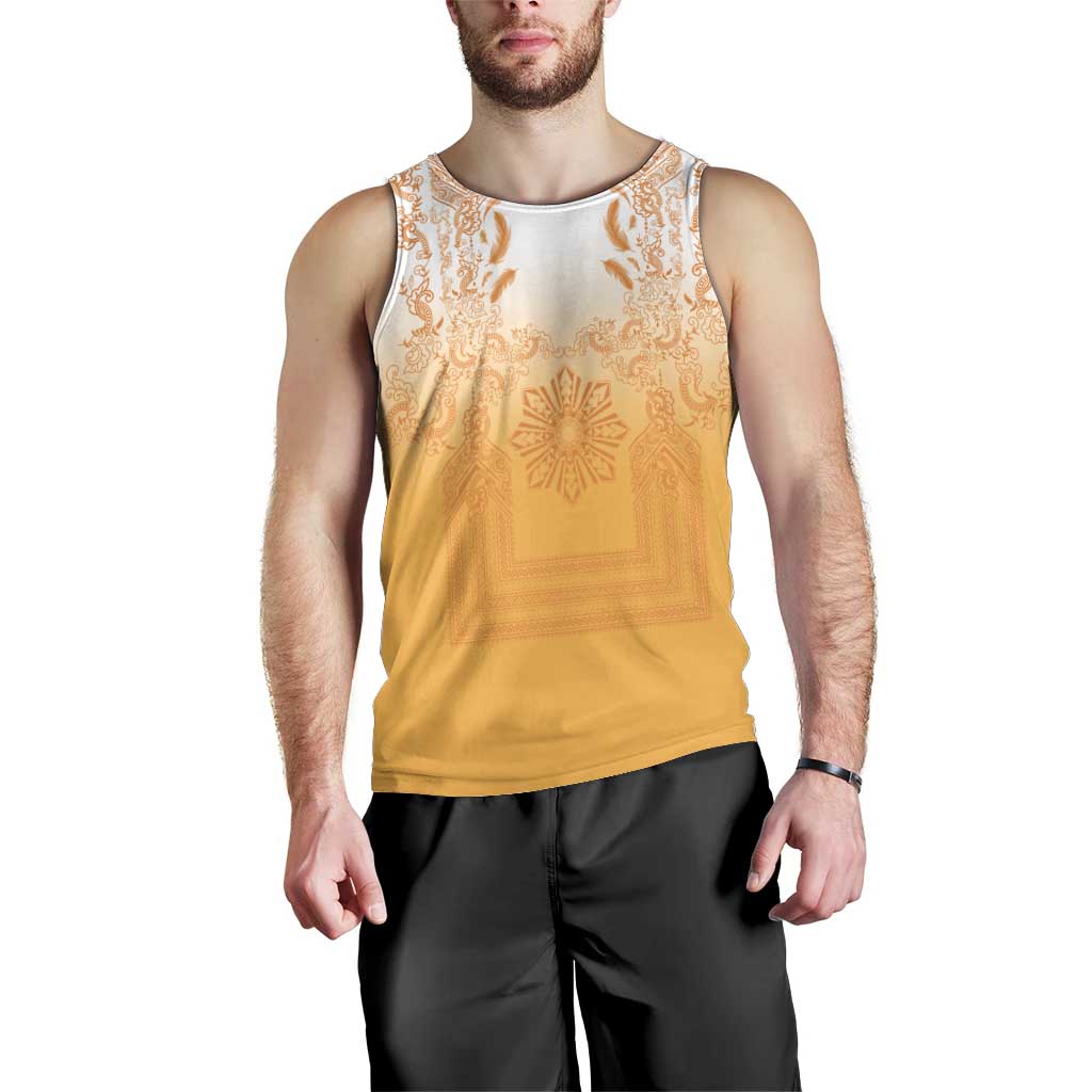 Philippines Barong Style Men Tank Top with Polynesian Art and Leaf Motif Yellow Color LT03 - Polynesian Pride