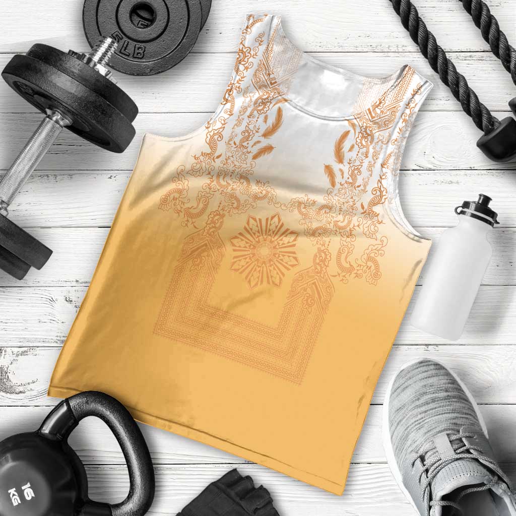 Philippines Barong Style Men Tank Top with Polynesian Art and Leaf Motif Yellow Color LT03 - Polynesian Pride