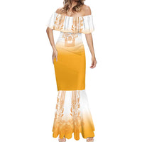 Philippines Barong Style Mermaid Dress with Polynesian Art and Leaf Motif Yellow Color