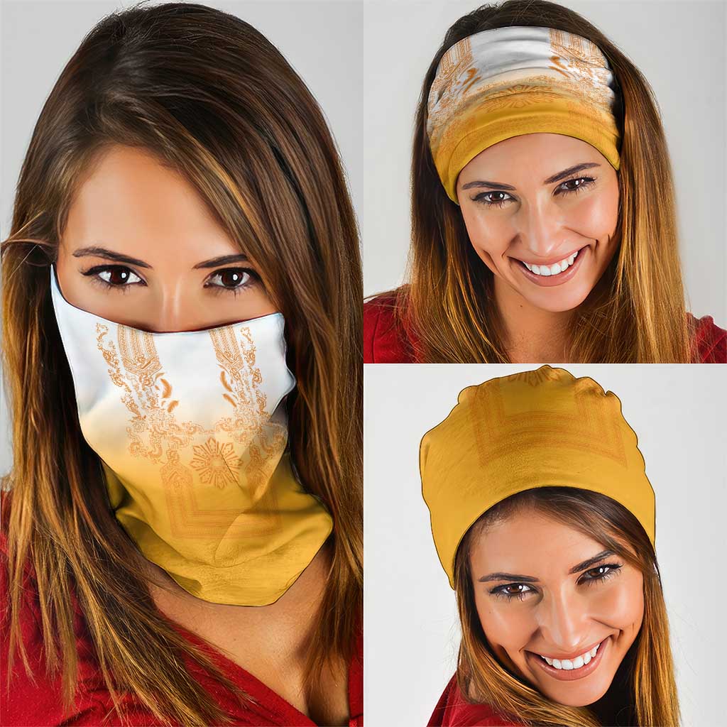 Philippines Barong Style Neck Gaiter with Polynesian Art and Leaf Motif Yellow Color