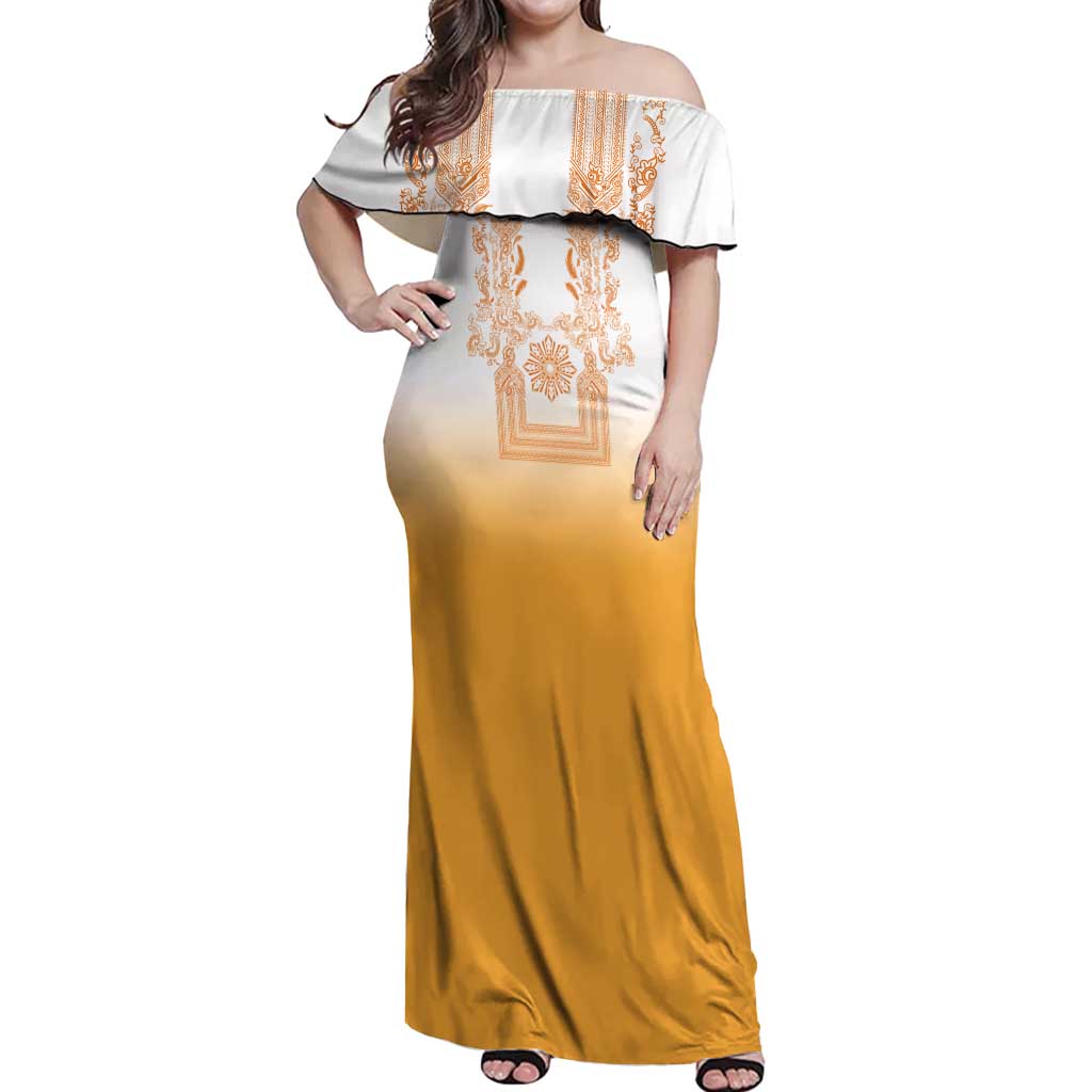 Philippines Barong Style Off Shoulder Maxi Dress with Polynesian Art and Leaf Motif Yellow Color LT03 Women Yellow - Polynesian Pride