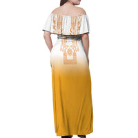 Philippines Barong Style Off Shoulder Maxi Dress with Polynesian Art and Leaf Motif Yellow Color LT03 - Polynesian Pride