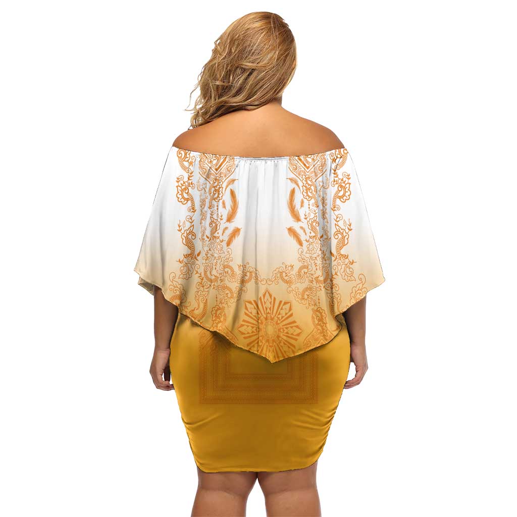 Philippines Barong Style Off Shoulder Short Dress with Polynesian Art and Leaf Motif Yellow Color LT03 - Polynesian Pride