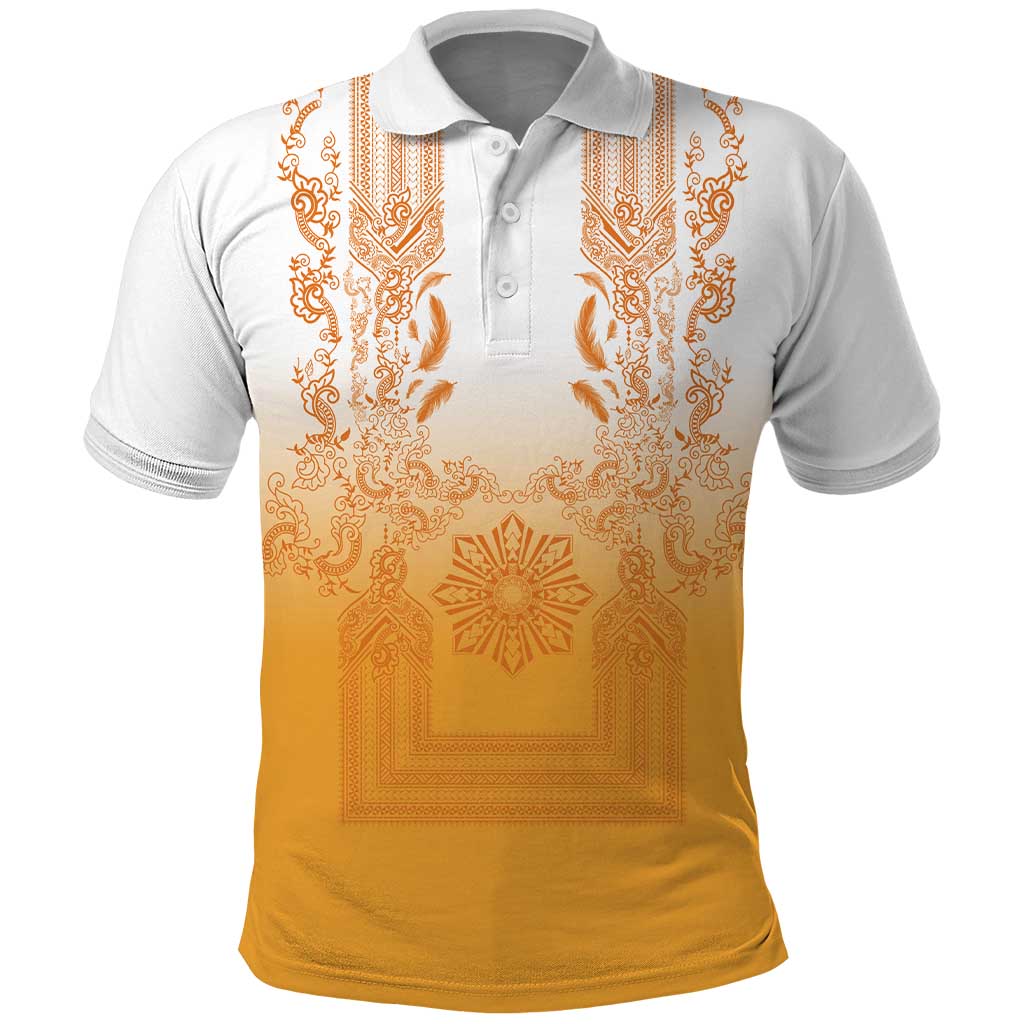 Philippines Barong Style Polo Shirt with Polynesian Art and Leaf Motif Yellow Color