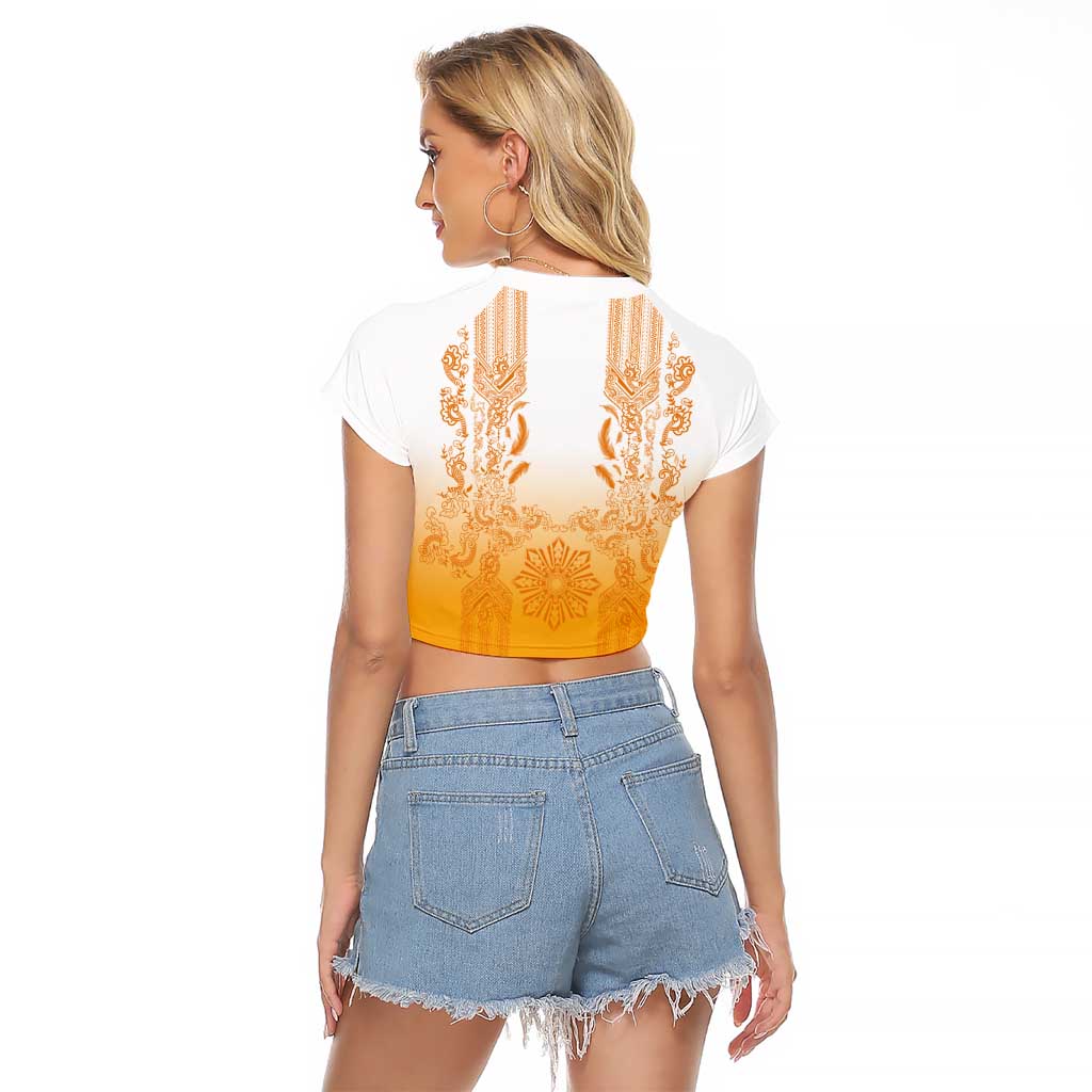 Philippines Barong Style Raglan Cropped T Shirt with Polynesian Art and Leaf Motif Yellow Color LT03 - Polynesian Pride