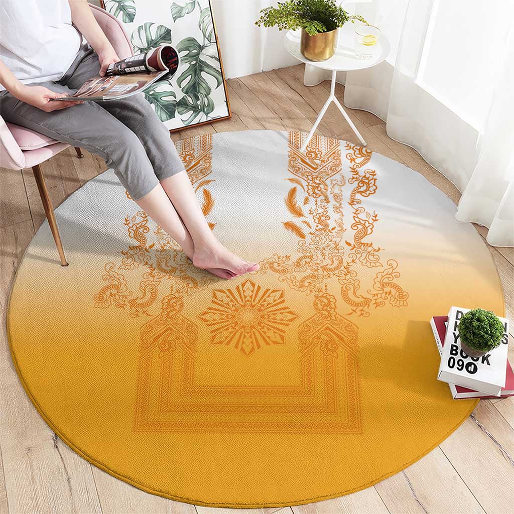 Philippines Barong Style Round Carpet with Polynesian Art and Leaf Motif Yellow Color